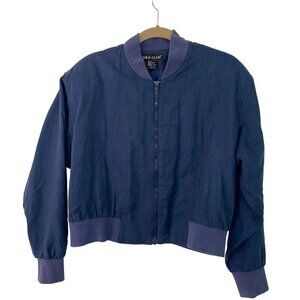 Silk Club Vintage Womens Jacket Size Small Blue Cropped Bomber Pure Linen
